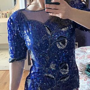 Royal Feelings Vintage Pure Silk Blue Sequin Top